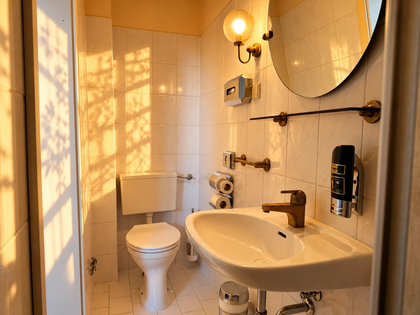 Badezimmer mit Waschbecken und Messingdetails